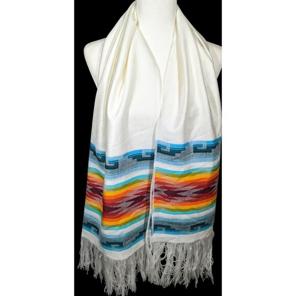 Handwoven Southwestern White And Rainbow Scarf With Fringe - Picture 3 of 8